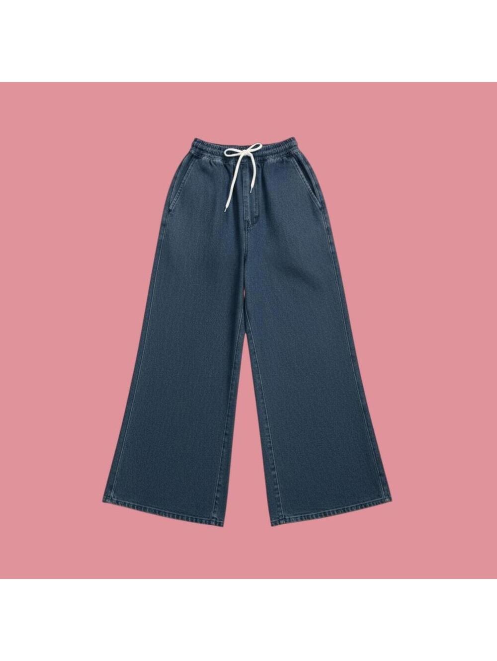 Wide Leg Denim Pants with Drawstring Waist